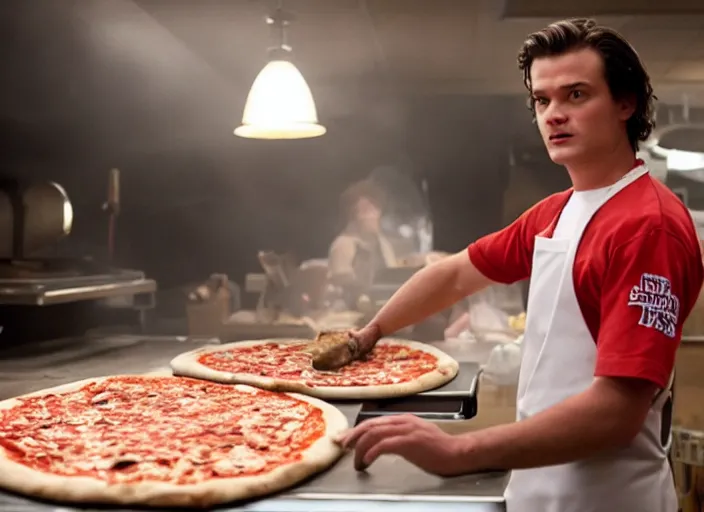 Image similar to Film Still of Steve Harrington working in a pizza parlor making pizza in the new Stranger Things episode, 4k