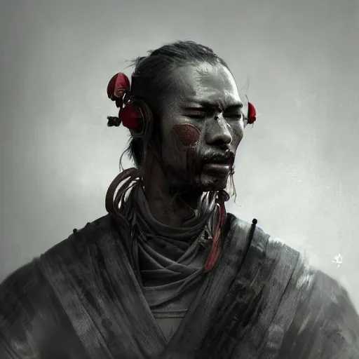 Image similar to Sickly diseased dying Samurai warrior, portrait by Cedric Peyravernay, highly detailed, excellent composition, cinematic concept art, dramatic lighting, trending on ArtStation