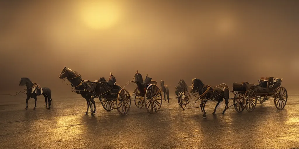 Prompt: Horse and carriage, August 9th 1875, fog, rain, volumetric lighting, beautiful, golden hour, sharp focus, highly detailed, cgsociety