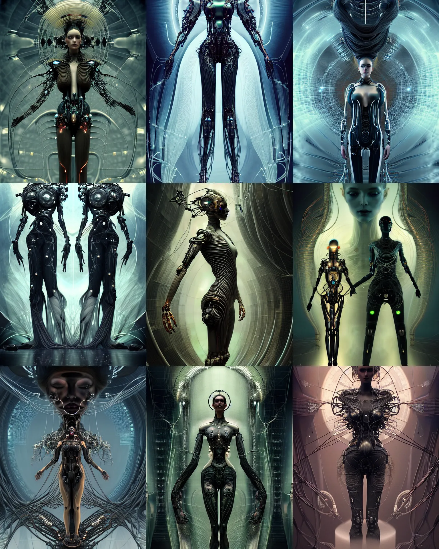 Prompt: karol bak and tom bagshaw and daniel gerhartz symmetrical full body character portrait of the borg queen of sentient parasitic flowing ai, floating in a powerful zen state, supermodel, beautiful and ominous, wearing combination of mecha and bodysuit made of wires and fractal ceramic, machinery enveloping nature in the background, artstation scifi character digital concept, render