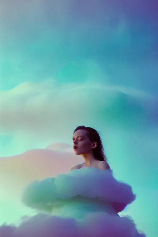 Image similar to high quality pastel coloured film close up wide angle photograph of a model wearing clothing swimming on cloud furniture in a icelandic black rock!! environment in a partially haze filled dreamstate world. three point light, rainbow. photographic production. art directed. pastel colours. volumetric clouds. pastel gradient overlay. waves glitch artefacts. extreme facial clarity. 8 k. filmic.