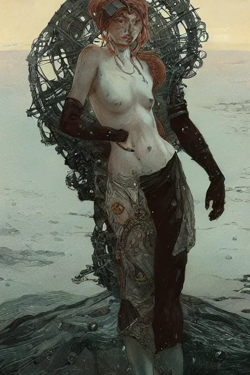 Image similar to a full body portrait of a beautiful post apocalyptic offworld neoicelandic biofarmer swimming by the lighthouse, intricate, elegant, highly detailed, digital painting, artstation, concept art, smooth, sharp focus, illustration, art by krenz cushart and artem demura and alphonse mucha