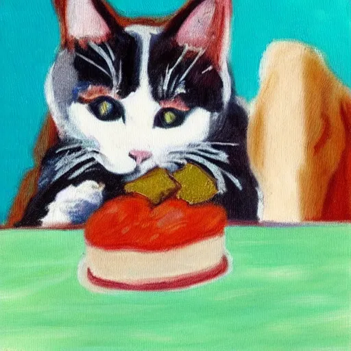 Image similar to impressionist painting of a cat eating a slice of salami