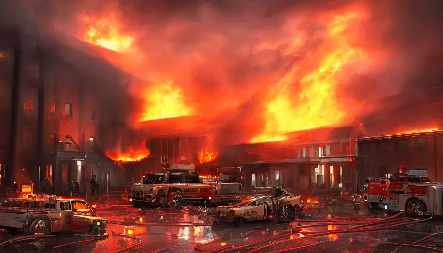 Image similar to A detailed render of a scene of Fire and explosions at the 3rd precinct in Minneapolis on fire, sci-fi concept art, lots of fire, dark, clouds, 8k, high detail, advanced rendering whimsically designed art, 4k post-processing highly detailed, Soft illumination