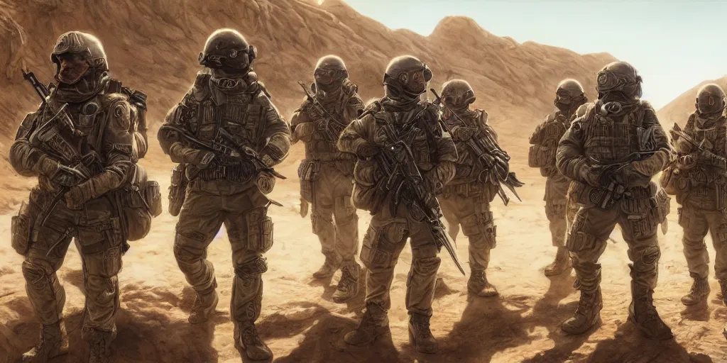 Image similar to highly detailed image of a tactical squad of hamsters dressed in tactical gear holding rifles, in a desert, stephen bliss, unreal engine, fantasy art by greg rutkowski, global illumination, detailed and intricate environment
