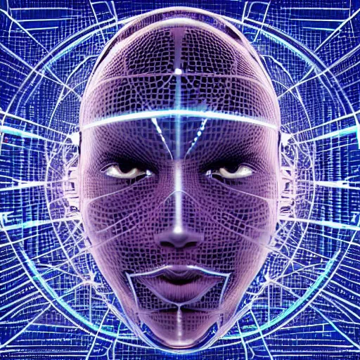 Image similar to an insanely detailed cibernetic artwork of a futuristic artificial intelligence superstar, centered image, with frames made of detailed fractals, octsne render, 4k, insanely detailed, detailed grid as background, cgi