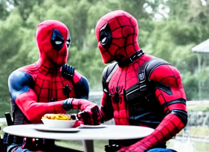 Image similar to film still of Deadpool and Spiderman having a romantic dinner in the new Spiderman movie, 4k