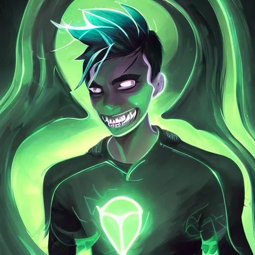 Image similar to a digital matte intricate face illustration concept art of young danny phantom with glowing green eyes and sharp teeth fangs alt art fashion inspired art by charlie bowater and wlop and mark arian and ross tran + neon colors, symmetry, intricate complexity, epic composition, magical atmosphere, highly detailed, cinematic lighting + masterpiece, trending on artstation + 8 k