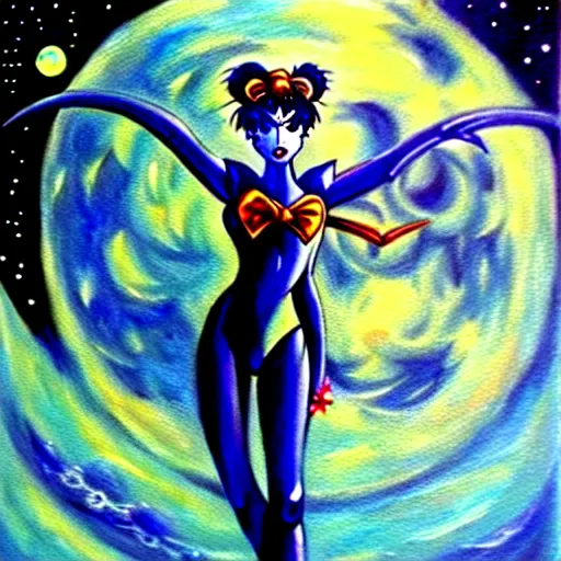 Prompt: the sailor moon. detailed painting by giger