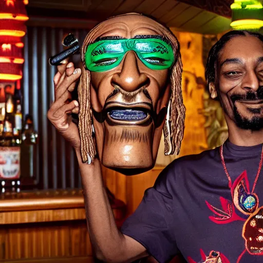 Image similar to a closeup photorealistic photograph of happy snoop dogg at trader vic's bar holding a tiki mug that features the face of snoop dogg. brightly lit scene. this 4 k hd image is trending on artstation, featured on behance, well - rendered, extra crisp, features intricate detail, epic composition and the style of unreal engine.