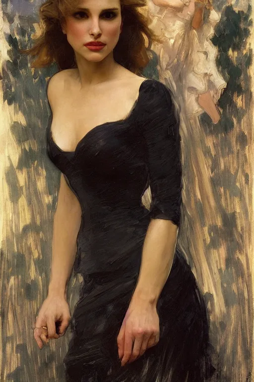 Image similar to elegant romantic portrait photo of natalie portman as black widow by greg manchess, mucha, william adolphe bouguereau, john singer sargent, sorolla, winslow homer, dean cornwell, james gurney, kilin eng, ilya repin, masterpiece