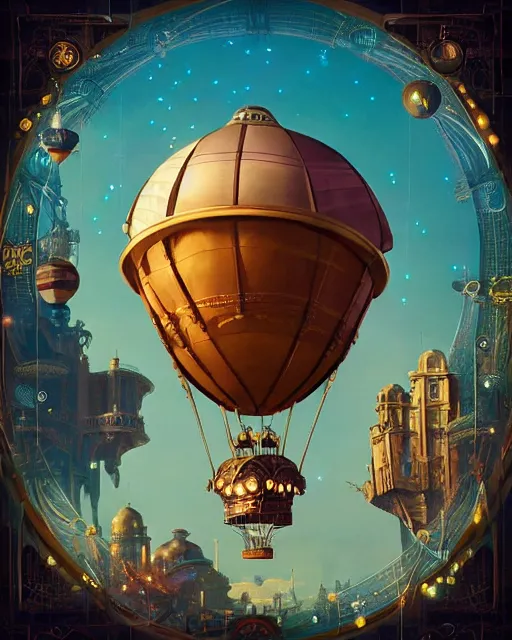 Prompt: a stunning fantasy scene of a steampunk hot - air balloon flying over an art deco city with a clock - tower | highly detailed | very intricate | disney pixar | steampunk | dramatic romantic epic breathtaking whimsical magical | bokeh moon stars | professional cinematic lighting | artdeco | painted by beeple and rhads and donato giancola | bold color palette | featured on artstation