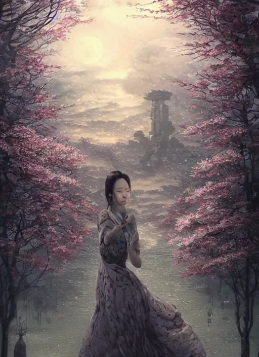 Image similar to Lee Jin-Eun by Andrew Ferez, rule of thirds, seductive look, beautiful, in intergalactic HQ with sakura trees