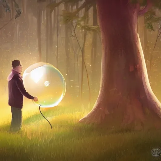 Prompt: a man stand in the forest and make a big soap bubble, Artstation
