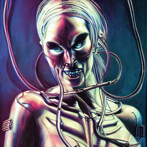 Prompt: a beautiful cybernetic woman with wires for hair, glowing eyes, razor sharp teeth, horror, natural lighting, style of bernie wrightson, style of richard estes, masterpiece, epic. hyper realism, fauvism