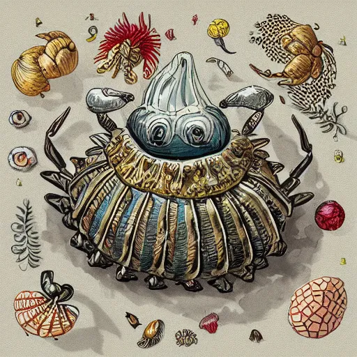 Prompt: illustration of one small small small standalone highly detailed minimalist hermitcrab! crab in an elaborate maximalist shell, with flemish baroque rococo unexpected elements. seen from the distance hd! matte paper background. childrenbook in soft natural pastel tones