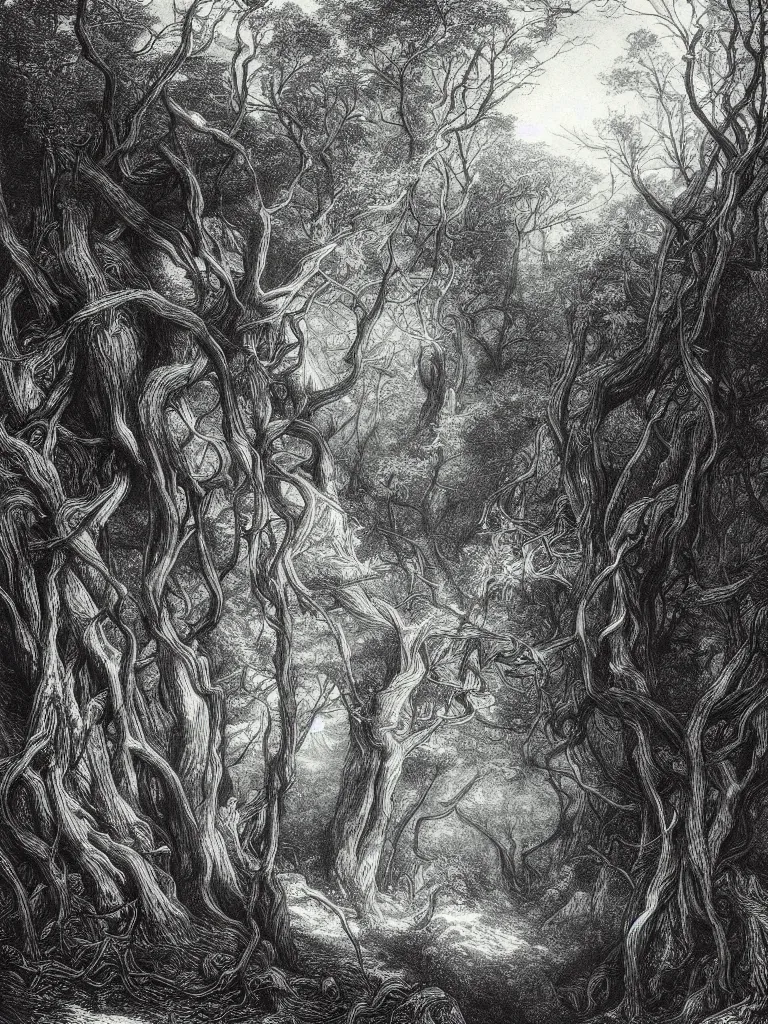 Prompt: “An engraving of a dark tangled forest, Wistman’s Wood by Gustave Dore, Kentaro Miura”