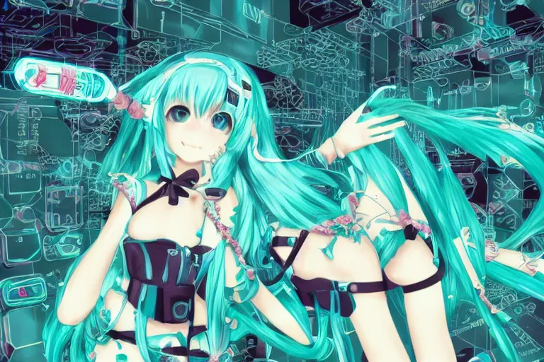 Image similar to fractal hatsune miku gnu / linux desktop environment, romance novel cover, cookbook photo, in 1 9 9 5, y 2 k cybercore, industrial photography, still from a ridley scott movie