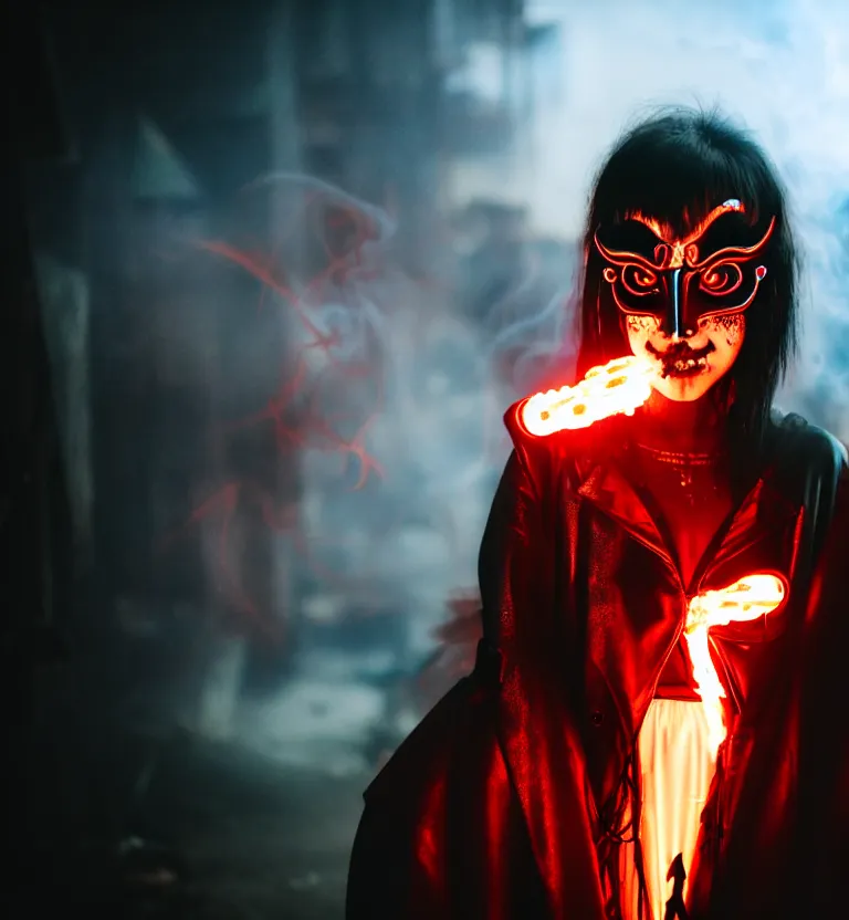 Image similar to a photo close up cyberpunk woman, wearing demon mask, fire dance in cyberpunk dirty alley, smoke mist rain, cyberpunk gunma prefecture, midnight, photorealistic, cinematic color, studio lighting, highly detailed, bokeh, style by tomino - sama