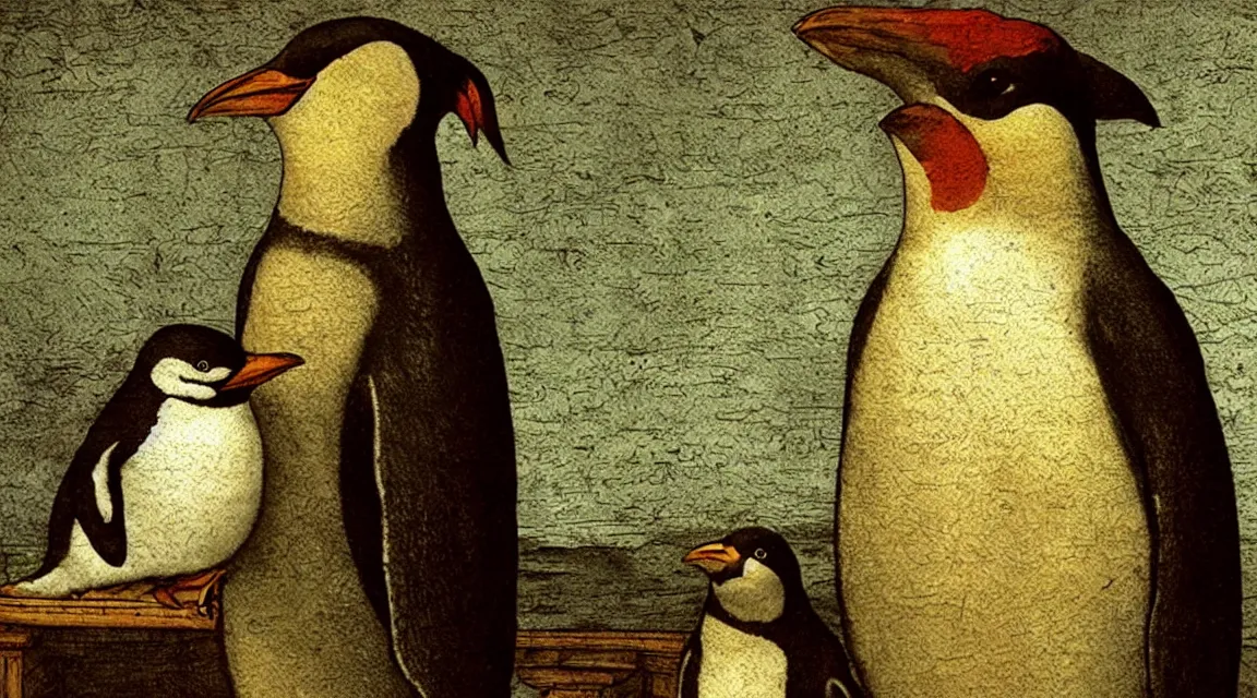 Prompt: Linux Tux penguin wallpaper painted by Leonardo da Vinci