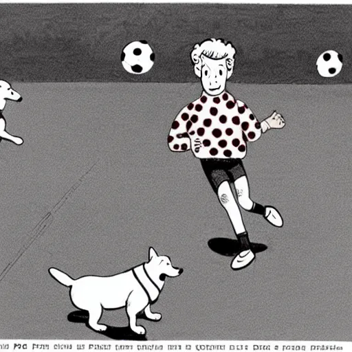 Prompt: illustration of french boy in paris playing football against a corgi, the dog is wearing a polka dot scarf, comic, 1 9 6 2