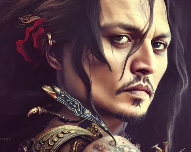 Image similar to photography of johnny depp, deep focus, d & d, fantasy, intricate, elegant, highly detailed, digital painting, artstation, concept art, matte, sharp focus, illustration, hearthstone, art by artgerm and greg rutkowski and alphonse mucha