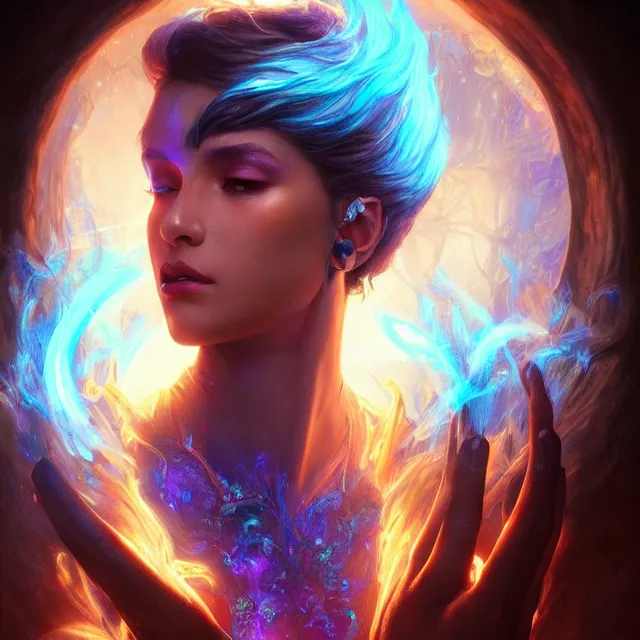 Prompt: detailed portrait of beautiful fantasy mage made of iridescent smoke, dark fantasy, sharp focus, vibrant, vivid, magical shiny skin, symmetry, highly detailed, 4 k digital painting, detailed skin, crystal, magical, raytracing, plasma, artistic, concept art by artgerm, greg rutkowski, alphonse mucha, unreal engine render,