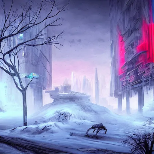 Image similar to mystic winter landscape, cyberpunk, vivid colors, post apocalyptic