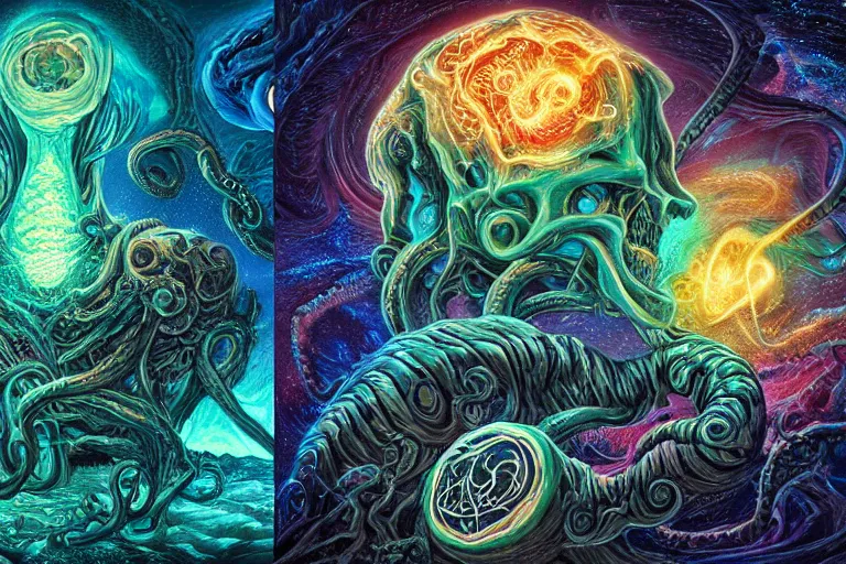 Image similar to a giant skull and flesh creature with deep and intricate rune carvings and glowing eyes and twisting lovecraftian tentacles emerging from a space nebula by dan mumford, twirling smoke trail, a twisting vortex of dying galaxies, digital art, photorealistic, vivid colors, highly detailed, intricate