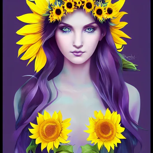 Image similar to a beautiful stunning matte digital portrait illustration of a blue-eyed woman with freckles and violet hair wearing a yellow sunflower crown, in the style of Ross Tran, art nouveau, trending on artstation, contest winner