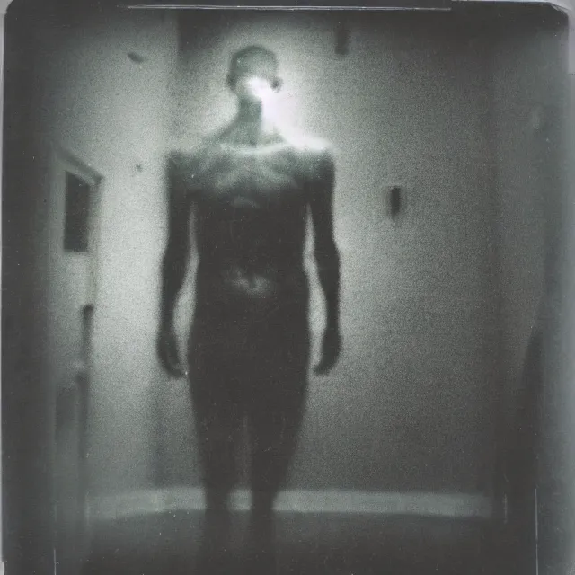 Image similar to found polaroid photo, flash, interior abandoned hospital, mutant creature standing