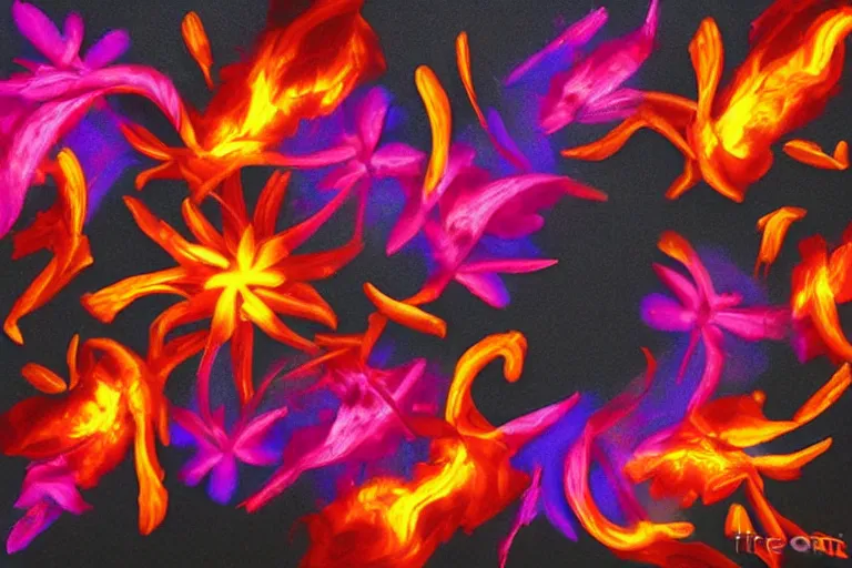 Image similar to colorful flower composition of fenix flowers made of fire, black background,art by Peter Tang