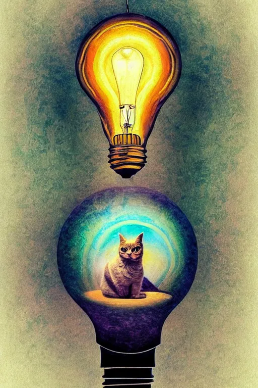 Image similar to portrait of an ethereal cat inside a light bulb, modern fine art, lithe, dreamscape, intricate, elegant, subsurface scattering, highly detailed, pop art painting, organic acrylic flow art, psychedelic surreal art, acrylic art, watercolor, featured on deviantart, cgsociety