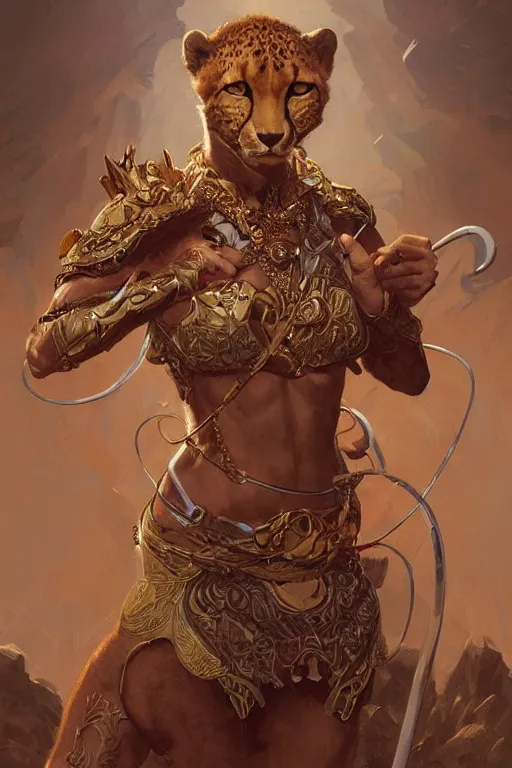 Prompt: a anthropomorphic cheetah warrior, D&D, fantasy, intricate, highly detailed, digital painting, artstation, concept art, smooth, sharp focus, illustration, art by artgerm and greg rutkowski and alphonse mucha