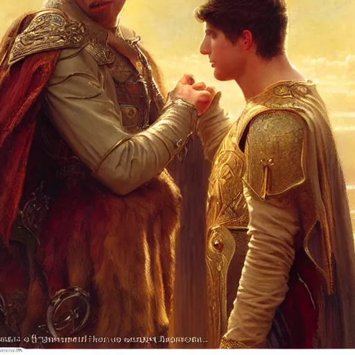 Image similar to attractive male arthur pendragon confesses his love to attractive male merlin. highly detailed painting by gaston bussiere, craig mullins, j. c. leyendecker 8 k