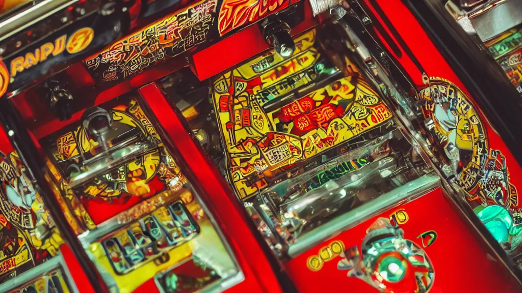 Image similar to up-close shot of a pachinko machine and hands, anime style, yellow red green and brown