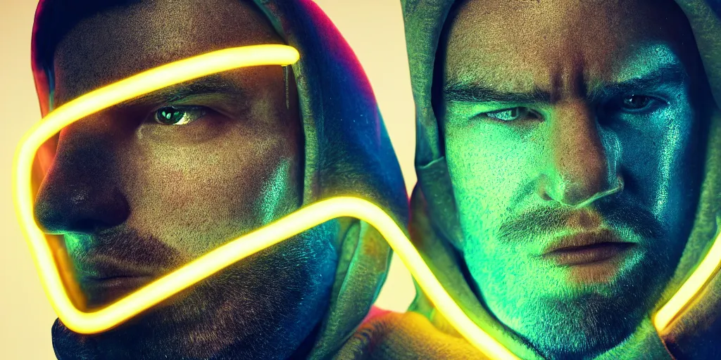 Image similar to a close - up portrait of a man in a neon glowing hoodie, photographic filter, unreal engine 5, realistic, hyperdetailed, 8 k, cinematic, volumetric lighting, very realistic effect, hd, hdr, 4 k, sharp focus, octane render, ultra detailed, high resolution, trending on artstation in the style of albert dros glowing rich colors powerful imagery