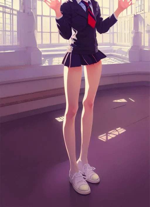 Image similar to full body beautiful and cute and aesthetic school girl greeting, very slightly smiling, wave a hand at the camera, perfect face, symmetric eyes, sharp focus, specular reflection, occlusion shadow, artstation, by ilya kuvshinov and jeremy lipking and quentin mabille, light novel cover art, 3 d epic illustrations, symmetric body