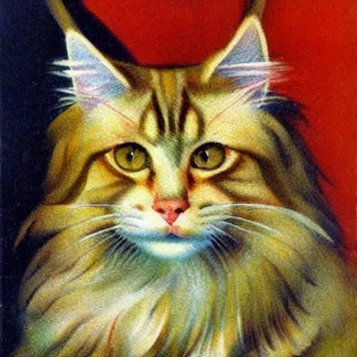 Prompt: soviet painting of ginger maine coon by isaak brodsky, walter womacka, czeslaw znamierowski, vladimir pchelin, kuzma petrov - vodkin, igor berezovsky