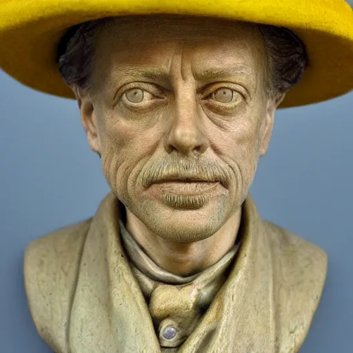 Image similar to hyper realistic closeup bust of a new england fisherman, wearing a yellow fisherman's hat, steve buscemi, painted, colorized, bossons vintage chalkware, by emile renouf