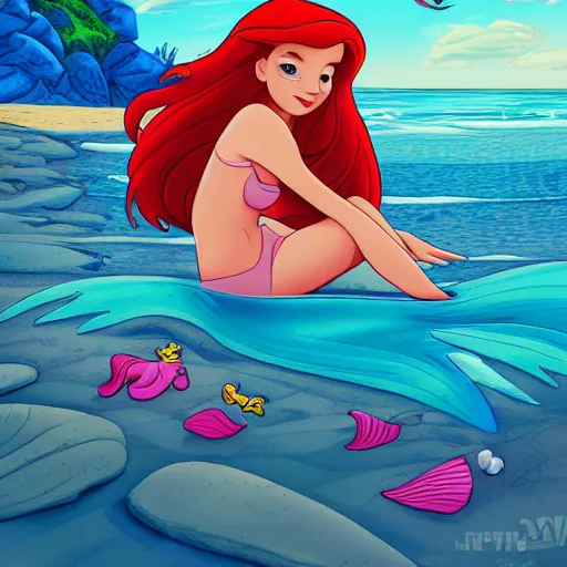 Prompt: the little mermaid sitting on a beach, vivid color, cartoon style, digital art, highly detailed, 8 k, cinematic lighting