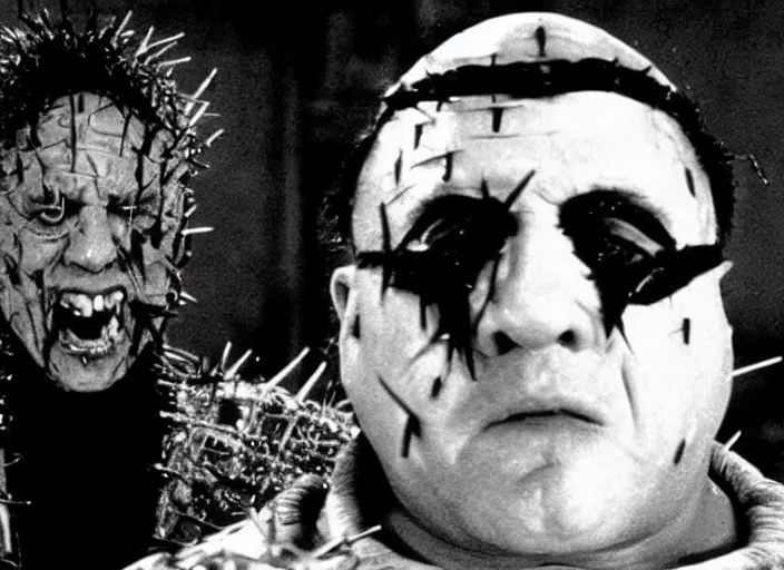 Image similar to film still of Danny Devito!!! as Pinhead in Hellraiser 1987