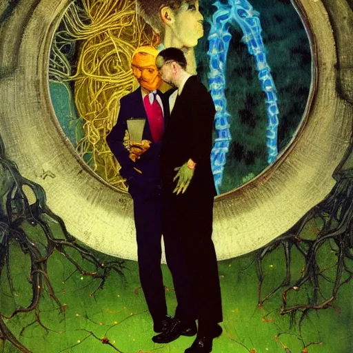 Prompt: two lovers wearing a suit made of nervous system, channeling third eye energy, surrounded by a background of dark cyber mystic garden of earthly delights, midnight hour, painted part by wojciech siudmak, part by ilya repin, part by norman rockwell, part by francis bacon, artstation