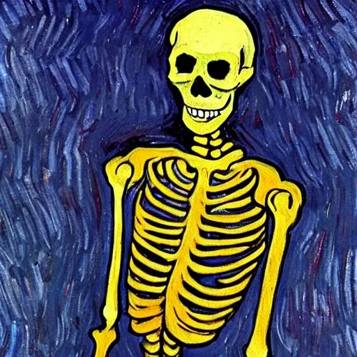 Image similar to a bloody skeleton holding a knife in the style of vincent van gogh