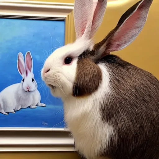 Image similar to a rabbit proudly posing next to a painting of a guinea pig