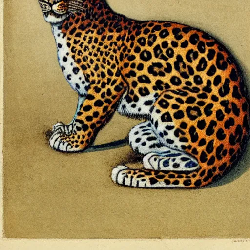 Image similar to a painting of a leopard sitting on the ground, an illustration of by charles maurice detmold, deviantart, qajar art, photoillustration, grotesque, full body