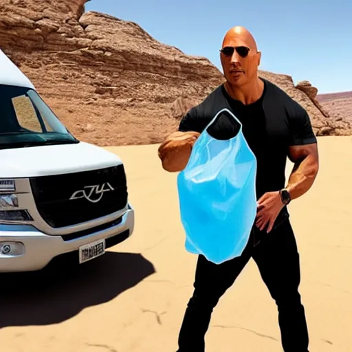 Prompt: dwayne the rock johnson holding a ziplock bag with baby blue meth, desert background, next to an rv, by stephen bliss, gta loading screen