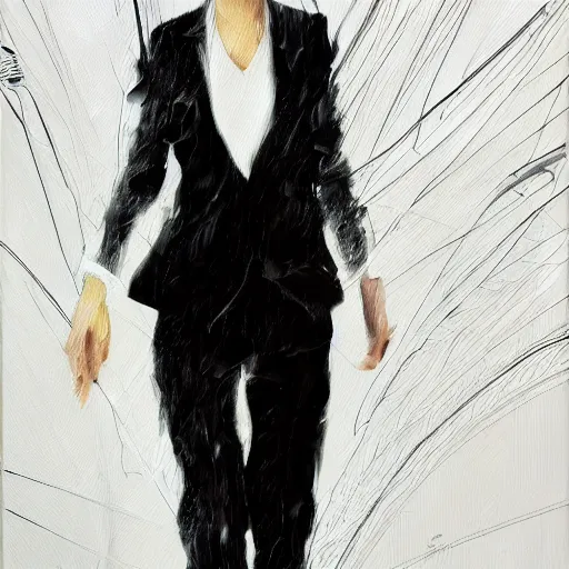 Prompt: Realistic oil painting of an anime girl with short white hair and black eyes wearing tuxedo in the style of Yoshitaka Amano, abstract black and white background with lines, Renaissance oil painting