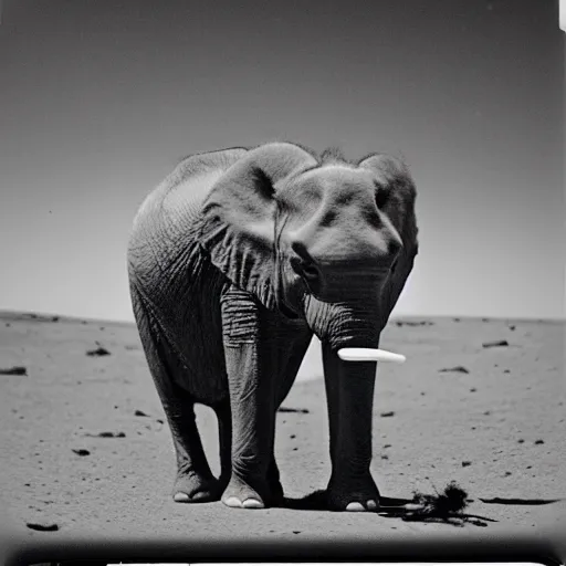 Image similar to extremely detailed black and white polaroid picture by john l. gaunt of a baby elephant standing on the moon's surface. very grainy picture. extreme lighting