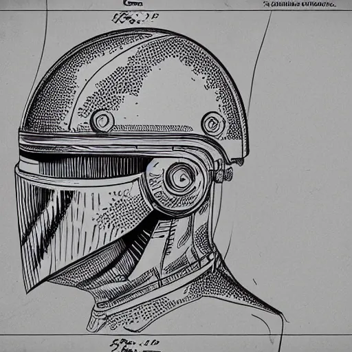 Image similar to a patent drawing of an intricate detailed vr headset from the future in the shape of a medieval knight helmet, extremely detailed alien technology vr!!! headset, with arrows and side angels